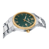 Detalle lateral del Sandoz Tradition Elegant 83004-63 con esfera verde, caja bicolor y brazalete de acero