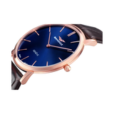 Detalle lateral del Sandoz Classic 81429-37 con esfera azul, caja en tono oro rosa y correa de piel marrón