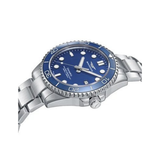 Detalle en perspectiva del Sandoz Sport 83019-37 con esfera azul, caja de acero y brazalete metálico