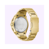 Vista trasera del Citizen Skyhawk JY8144-50E con caja y brazalete de acero acabado dorado