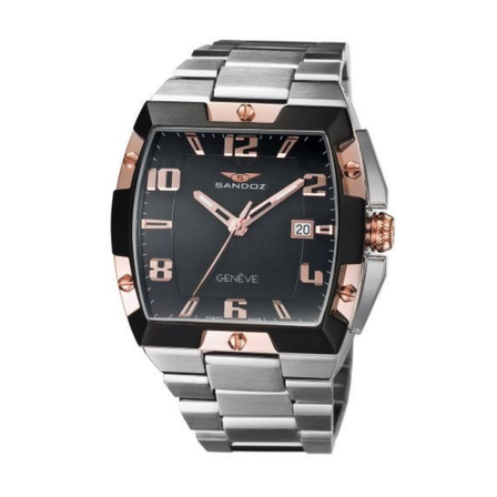 Reloj Sandoz 81323-95 con esfera negra, detalles rosados y brazalete de acero