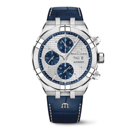 Reloj Maurice Lacroix Aikon Automático Cronógrafo 44mm AI6038-SS001-131-1 con esfera plateada, subesferas azules y correa azul