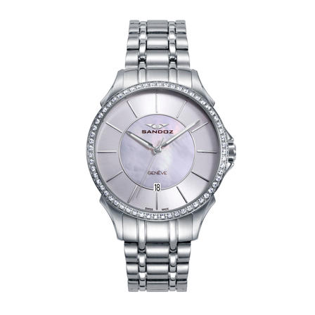 Reloj Sandoz Classic 81372-07 para mujer con esfera plateada, bisel con piedras y brazalete de acero