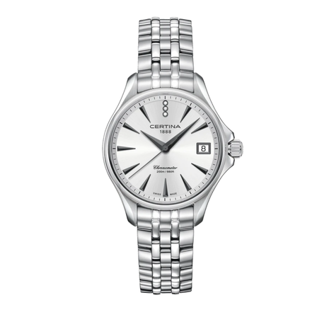 Reloj Certina DS Action Lady C032.051.11.036.00 con esfera plateada, diamantes y brazalete de acero