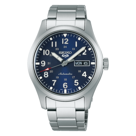 Reloj Seiko 5 Sports Field Military SRPG29K1 automático con esfera azul y brazalete de acero