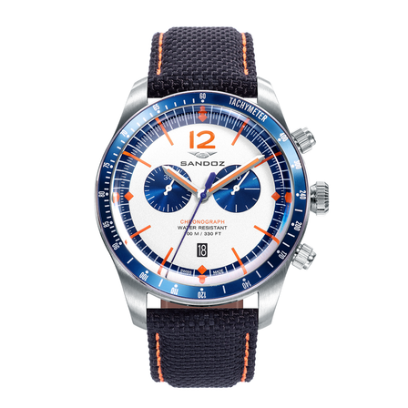 Reloj Sandoz Sport 81503-04 cronógrafo con esfera blanca, detalles azules y naranjas y correa oscura