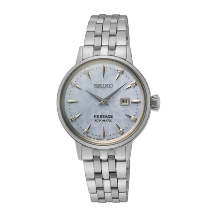 Reloj Seiko Presage Cocktail Time SRE007J1 automático con esfera azul clara y brazalete de acero