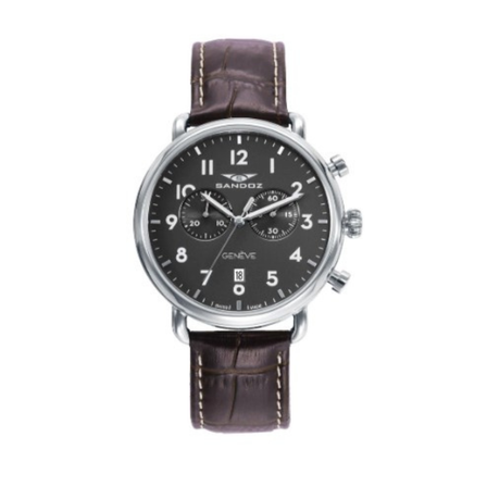 Reloj Sandoz 81497-99 cronógrafo con esfera negra, caja de acero y correa de piel marrón