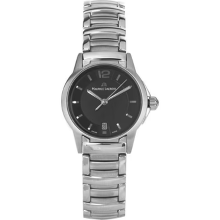 Reloj Maurice Lacroix Miros Date 28mm MI1053-SS002-320 con esfera negra y brazalete de acero