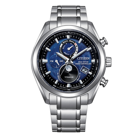 Reloj Citizen Tsuki-yomi Moon Phase BY1010-81L Eco-Drive con esfera azul y brazalete de Super Titanium