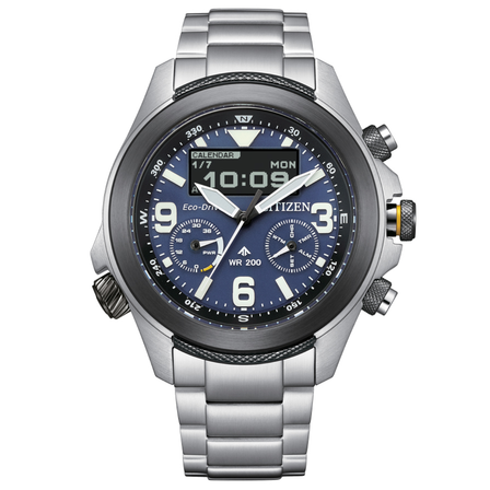 Reloj Citizen Eco Drive Land JV1006-51L con esfera azul, pantalla digital y brazalete de acero inoxidable