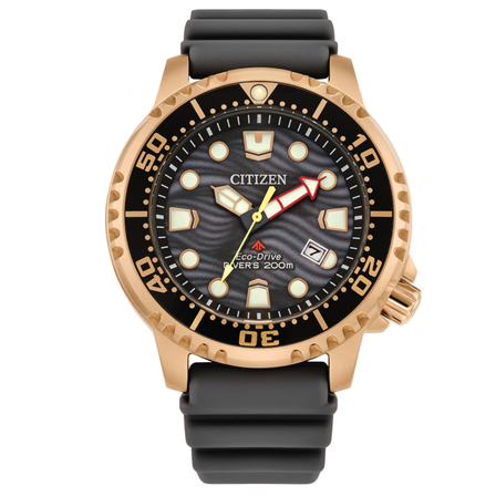 Reloj Citizen Diver’s Eco Drive BN0163-00H con esfera gris, caja en tono oro rosa y correa de caucho negra