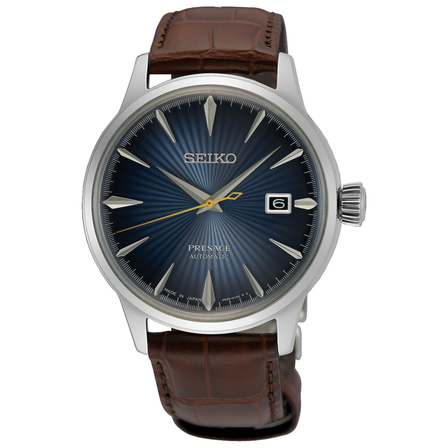 Reloj Seiko Presage Cocktail Time SRPK15J1 automático con esfera azul y correa de piel marrón