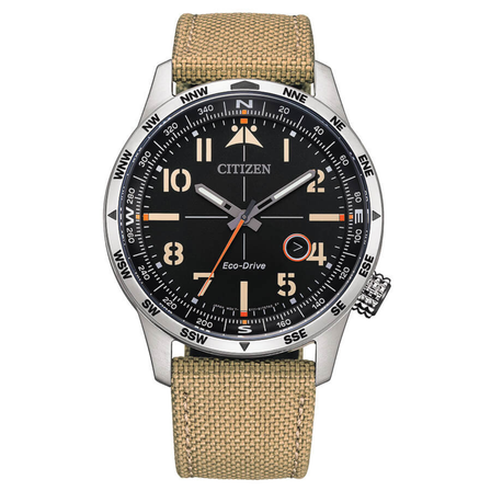 Reloj Citizen BM7550-10E Eco-Drive con esfera negra, caja de acero y correa de nylon beige