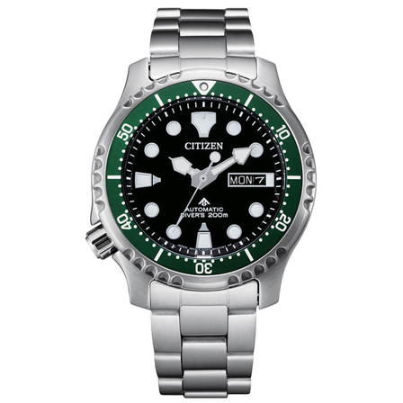 Reloj Citizen Diver’s Automatic 200 mt NY0084-89E con esfera negra, bisel verde y brazalete de acero