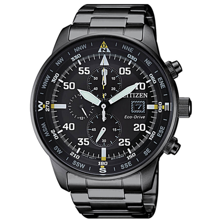 Reloj Citizen Aviator Crono CA0695-84E con esfera negra, cronógrafo y brazalete de acero negro