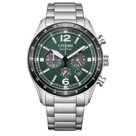 Reloj Citizen Aviation CA4654-55X cronógrafo con esfera verde, bisel negro y brazalete de acero inoxidable