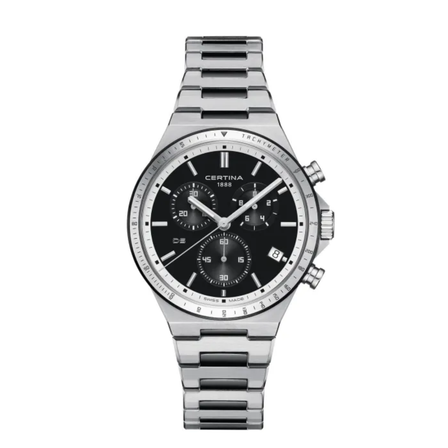 Reloj Certina DS-7 Chronograph C043.417.22.051.00 con esfera negra, cronógrafo y brazalete de acero inoxidable