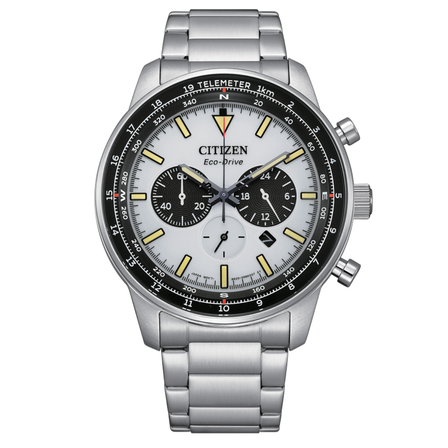 Reloj Citizen Chrono Aviation CA4500-91A Eco-Drive con esfera blanca, cronógrafo y brazalete de acero inoxidable