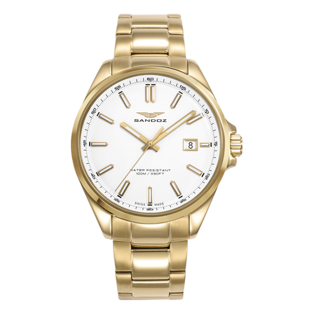 Reloj Sandoz Casual 83001-97 con esfera blanca, caja dorada y brazalete de acero dorado