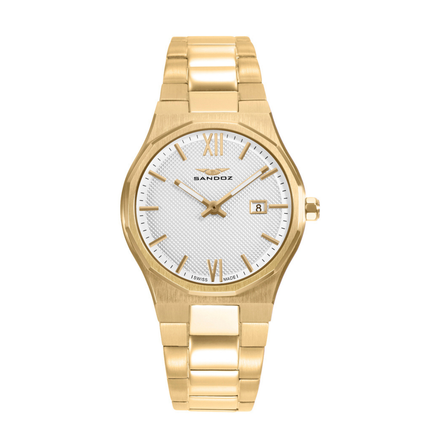 Reloj Sandoz Tradition Elegant 83004-83 con esfera blanca, caja dorada y brazalete de acero dorado