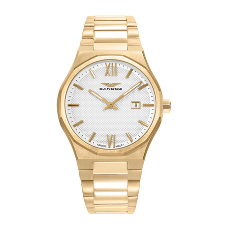 Reloj Sandoz Style 83013-83 con esfera blanca, caja dorada y brazalete de acero dorado