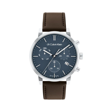 Reloj Calvin Klein Gauge 25000029 con esfera azul, cronógrafo y correa de piel marrón