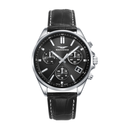 Reloj Sandoz Timeless Casuel 83007-57 con esfera negra, cronógrafo y correa de piel negra