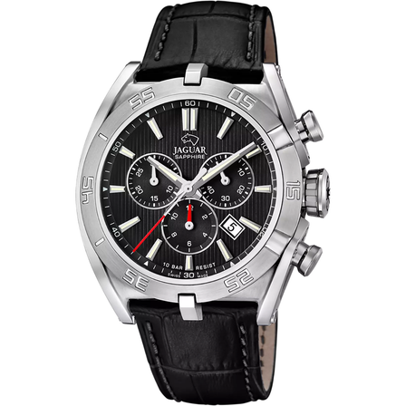 Reloj Jaguar Executive J857/D con esfera negra, cronógrafo, detalles rojos y correa de piel negra