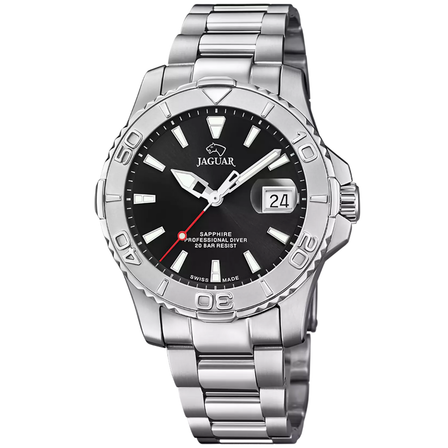 Reloj Jaguar Couple Diver J969/4 con esfera negra, detalles rojos y brazalete de acero inoxidable