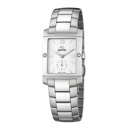 Reloj Jaguar Swiss Made J608/1 con caja rectangular, esfera plateada, pequeño segundero y brazalete de acero inoxidable