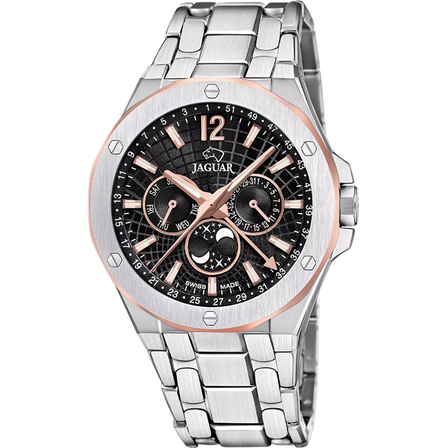 Reloj Jaguar Swiss Made Diplomatic J1039/4 con esfera negra, cronógrafo, detalles en tono oro rosa y brazalete de acero inoxidable