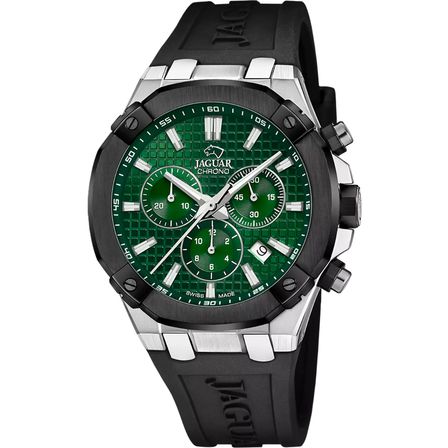 Reloj Jaguar Diplomatic J1020/1 con esfera verde, cronógrafo, caja negra y correa de caucho negra