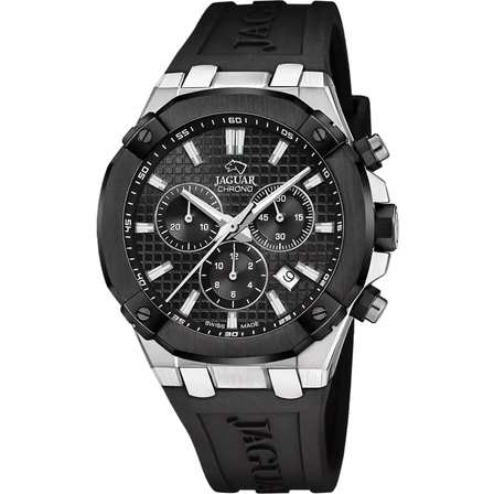 Reloj Jaguar Diplomatic J1020/2 con esfera negra, cronógrafo, caja de acero y correa de caucho negra