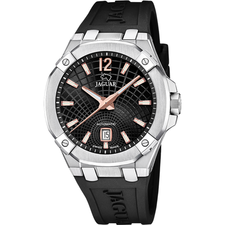 Reloj Jaguar Swiss Made J1030/4 automático con esfera negra, detalles en tono cobre y correa de caucho negra