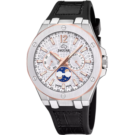 Reloj Jaguar Swiss Made Diplomatic J1040/1 con esfera plateada, detalles en tono naranja y correa de piel negra