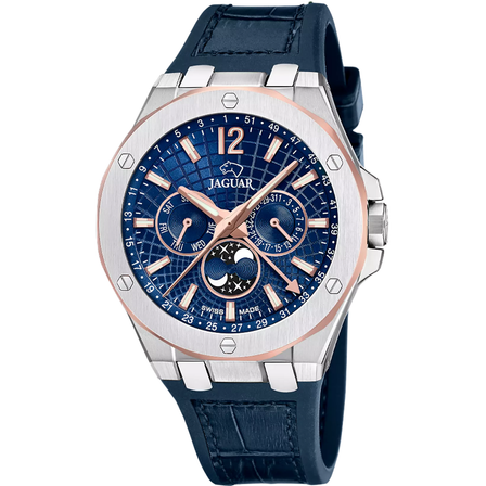 Reloj Jaguar Swiss Made Diplomatic J1040/2 con esfera azul, detalles en tono oro rosa y correa de piel azul