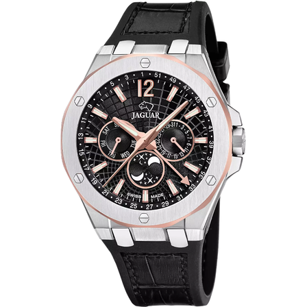 Reloj Jaguar Swiss Made Diplomatic J1040/4 con esfera negra, detalles en tono oro rosa y correa de piel negra
