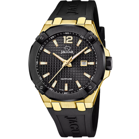 Reloj Jaguar Diplomatic J1012/1 con esfera negra, detalles dorados y correa de caucho negra