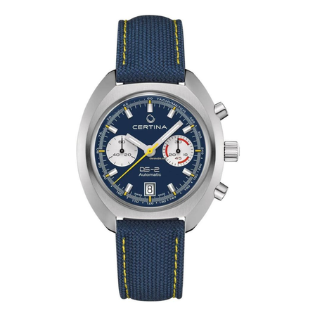 Reloj Certina DS-2 Chronograph Automatic C024.462.18.041.00 con esfera azul, cronógrafo y correa textil azul