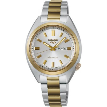 Reloj Seiko 5 Sports SNXS Series SRE024K1 automático con esfera blanca, detalles dorados y brazalete bicolor de acero inoxidable