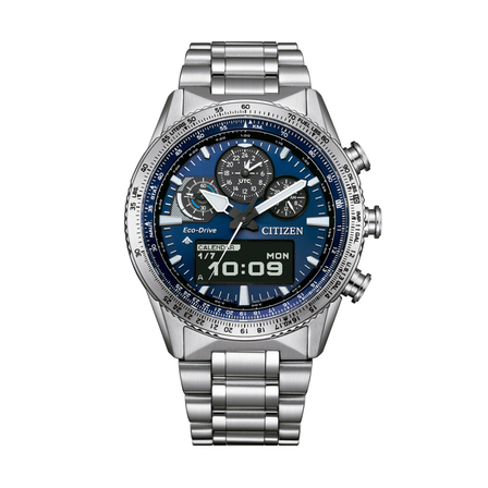 Reloj Citizen Skyhawk U830 JV2000-51L con esfera azul multifunción y brazalete de acero inoxidable