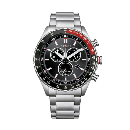 Reloj Citizen Chrono Sporty AT2566-88E con esfera negra, cronógrafo, detalles rojos y brazalete de acero inoxidable