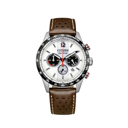 Reloj Citizen Chrono Racing CA4714-04A Eco-Drive con esfera blanca, cronógrafo y correa de piel marrón