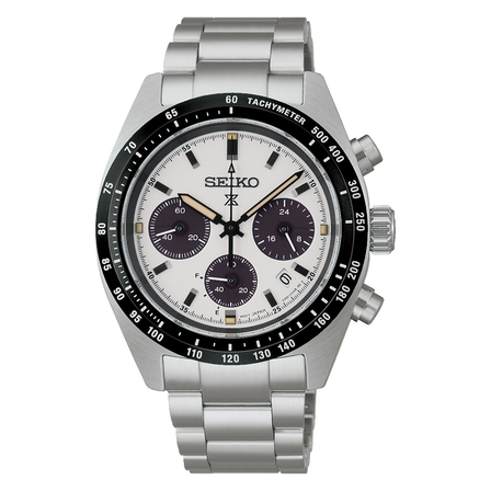 Reloj Seiko Prospex SPEEDTIMER SSC961P1 solar con esfera blanca, subesferas negras y brazalete de acero inoxidable