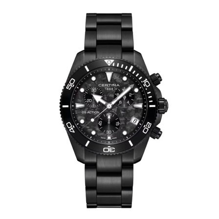 Reloj Certina DS Action Chrono C048.417.33.201.00 con esfera negra, cronógrafo y brazalete de acero con PVD negro