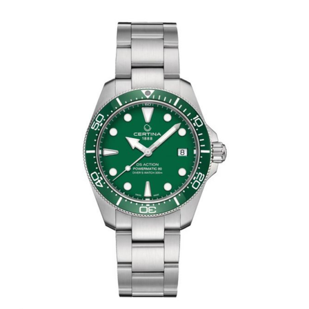 Reloj Certina DS Action Diver 38mm Powermatic 80 C048.807.11.091.00 con esfera verde y brazalete de acero inoxidable