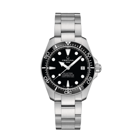 Reloj Certina DS Action Diver 38 mm Powermatic 80 C048.807.11.051.00 con esfera negra, bisel negro y brazalete de acero inoxidable