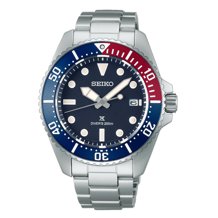 Reloj Seiko Prospex Mar SNE595P1 solar con esfera azul, bisel bicolor azul y rojo y brazalete de acero inoxidable