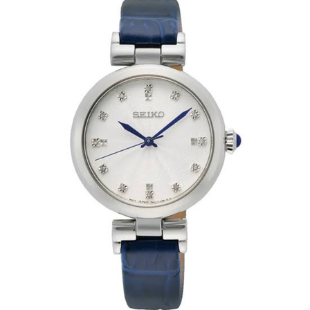 Reloj Seiko Ladies SRZ545P1 de cuarzo con esfera blanca, 12 diamantes y correa de piel azul